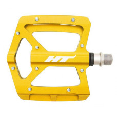 Педали алюм CNC,  98х95х17мм, золотые, ось cr-mo Ф9/16", 2 промподш + DU Igus, 20 сменных шипов. 415г. Инд уп