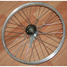 Колесо заднее 20", обод одинарный, 36 спиц, OLD=110мм, 3/8" (гайка), ножной тормоз, серебристое.