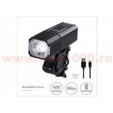 Фара передняя 400Lm  1 LED, аккумулятор 18650  2000mAh, 3 режима, 32х35х96мм, 154г, инд уп