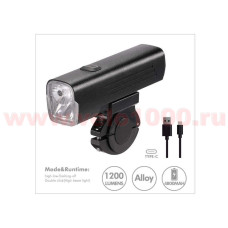 Фара передняя 1200Lm  2 LED, USB Type C, аккумул 18650  4800mAh, 5 режимов, 30х37х115мм, 200г, инд уп