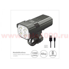 Фара передняя 1200Lm  4 LED, USB Type C, аккумул 3600mAh, 5 режимов, 28х41х93мм, 158г, инд уп