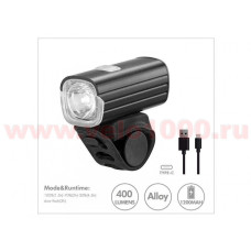 Фара передняя 400Lm  1 LED, USB Type C, аккумул 1200mAh, 4 режима, 30х30х70мм, 89г, инд уп