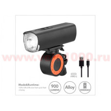 Фара передняя 900Lm  1 LED, USB Type C, аккумул 18650  2000mAh, 5 режимов, 30х34х110мм, 200г, инд уп