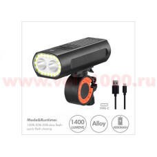 Фара передняя 1400Lm  2 LED, USB Type C, аккумул 18650  5000mAh, 5 режимов, 33х46х112мм, 260г, инд уп