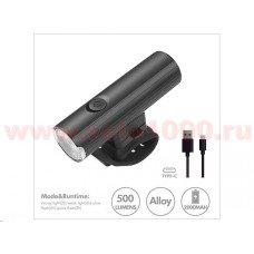 Фара передняя 500Lm  1 LED, USB Type C, аккумул 18650 2000mAh, 4 режима, Ø31x101мм, 135г, инд уп