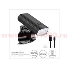 Фара передняя max. 2000Lm  6 LED, USB Type C, аккумул 18650  4800mAh, 5 режимов, 28х50х98мм, 200г, инд уп